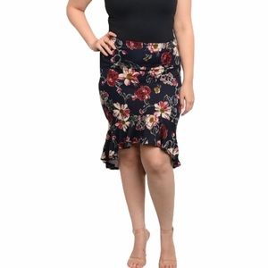 HI LOW Floral Blue Plus Size Skirt Ruffle Hem